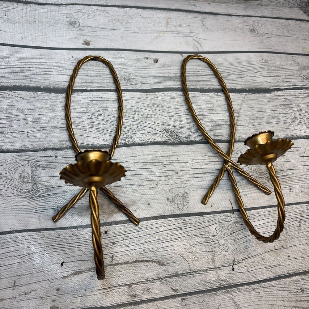 Vintage Metal Pair of Gold Twisted Rope Oval Wall Candle Sconces   12" T